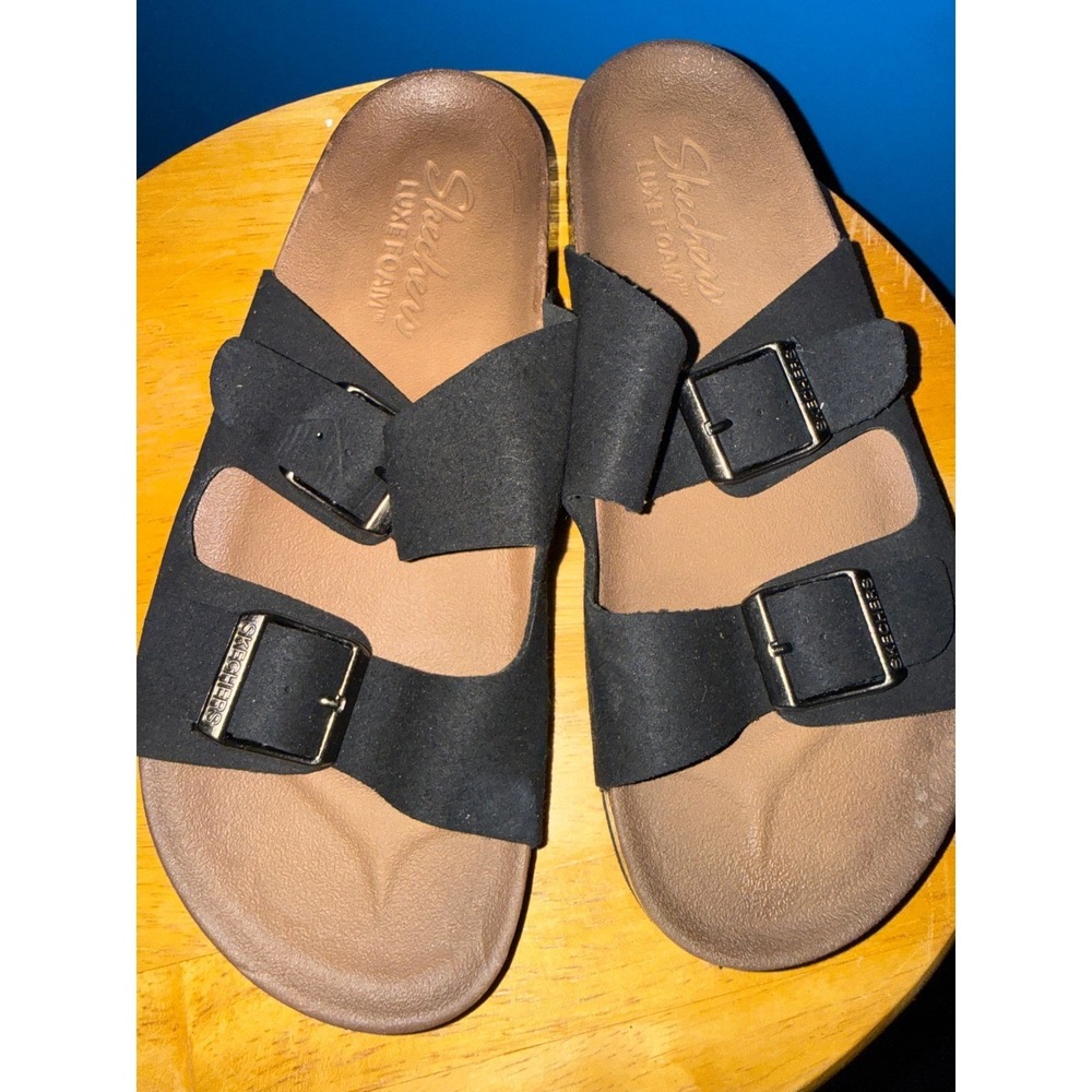 Skechers Luxe Foam Black Double Buckle Slide Sandals Mens Womens Unisex Comfort - Picture 2 of 4